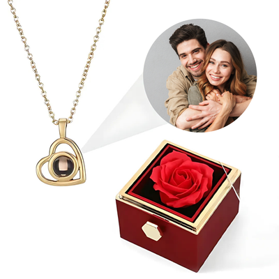 Eternal Rose Box - With Heart Photo Projection Necklace and Real Rose