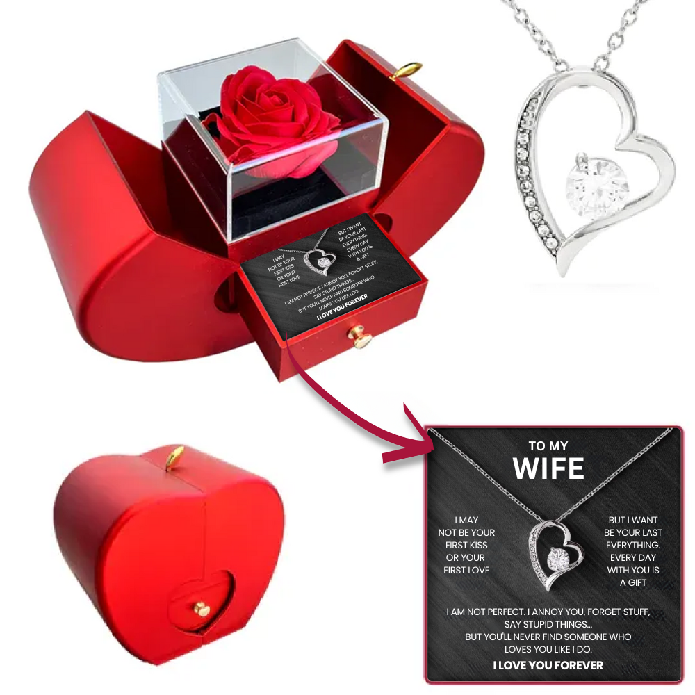 Eternal Rose Box - To My Wife - With Heart Necklace & Real Rose