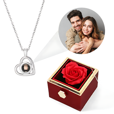 Eternal Rose Box - With Heart Photo Projection Necklace and Real Rose