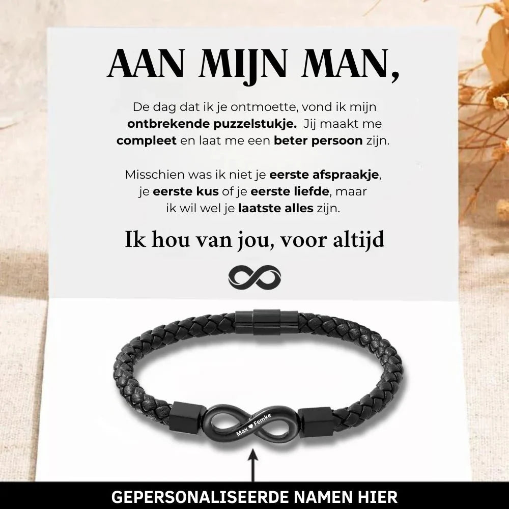 Aan Mijn Man - Gepersonaliseerde Leren Infinity Armband (19cm)