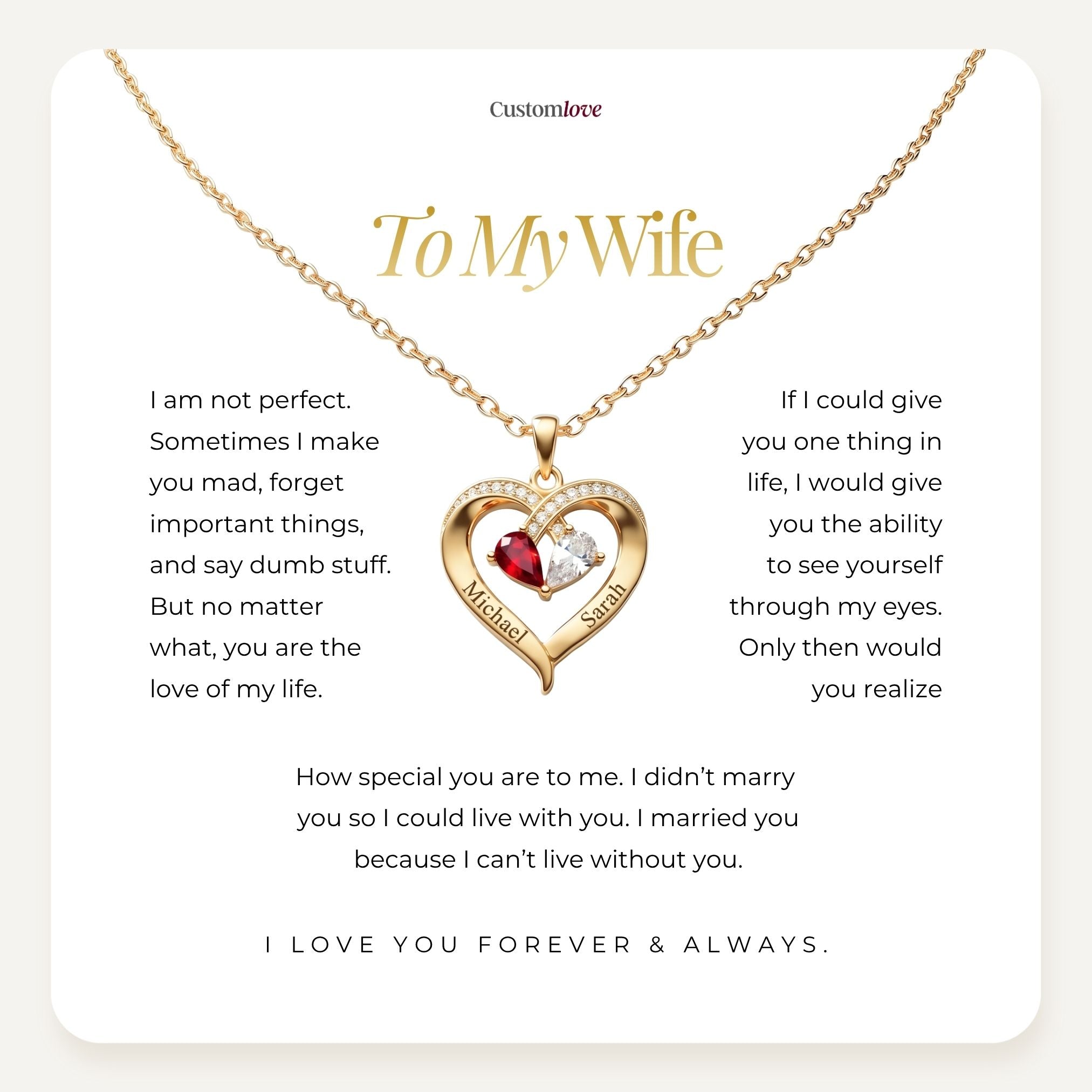 To My Wife - Engraved Heart Necklace With Birthstone
