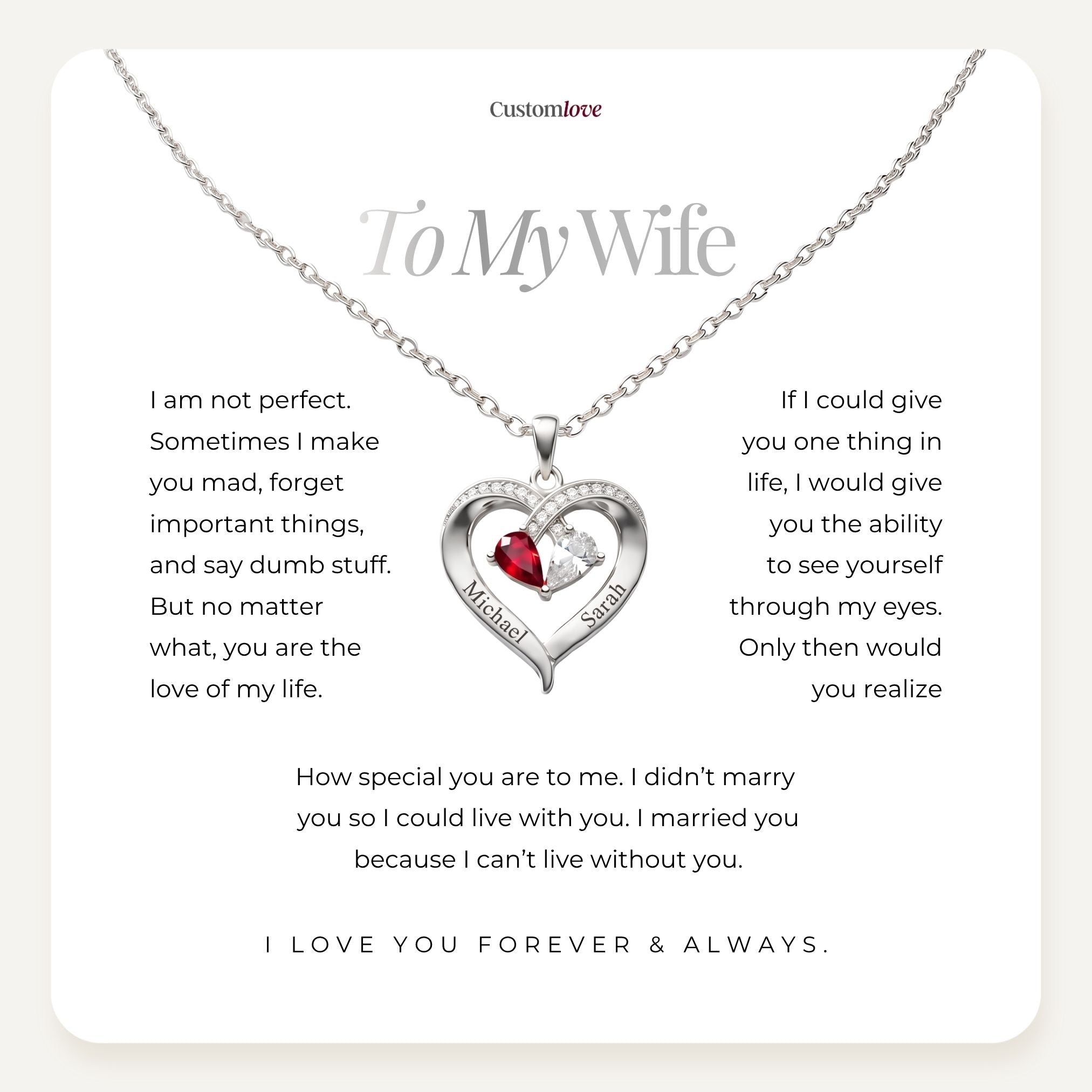 To My Wife - Engraved Heart Necklace With Birthstone
