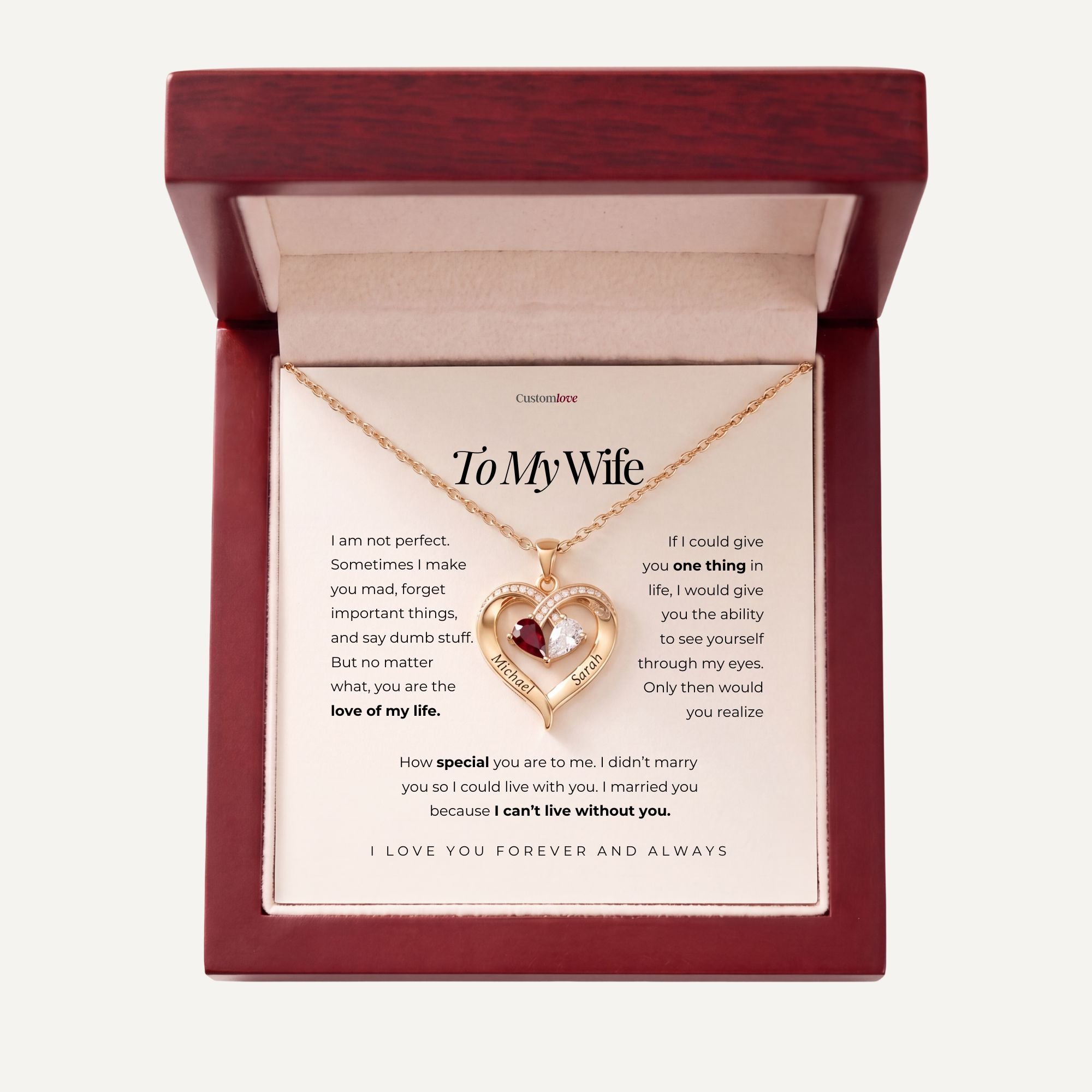 To My Wife - Engraved Heart Necklace With Birthstone