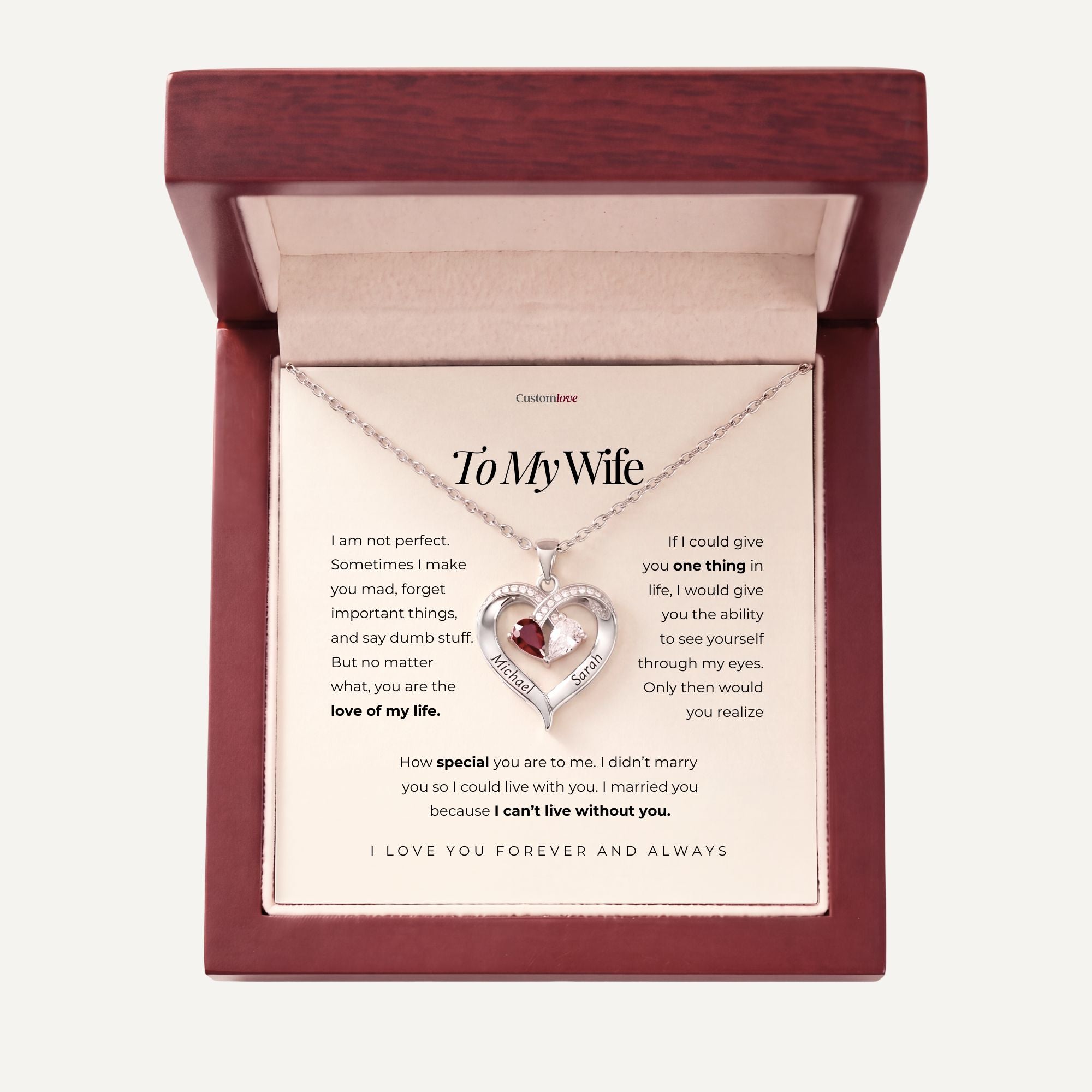 To My Wife - Engraved Heart Necklace With Birthstone
