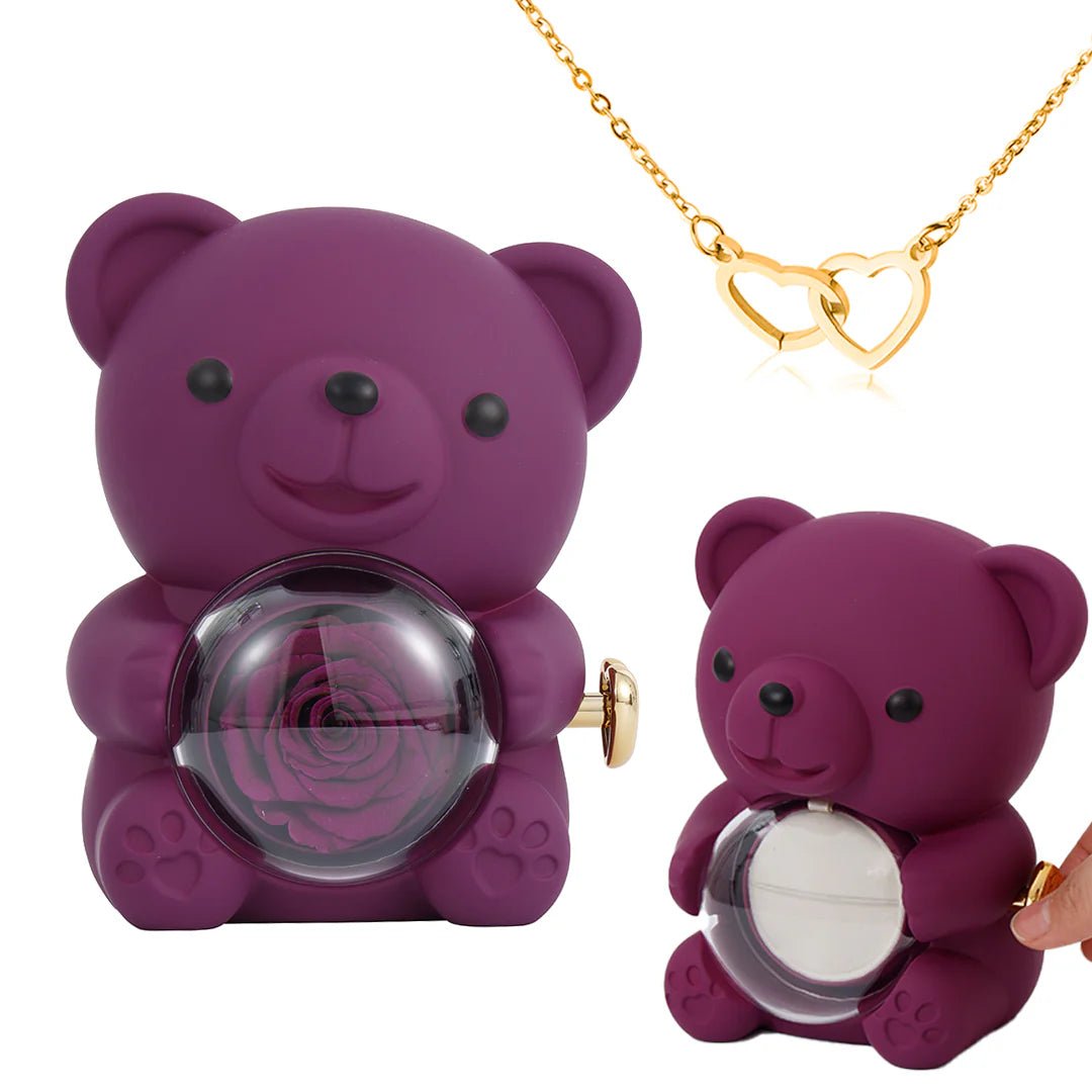 Eternal Rose Bear Gift Box with Engraved Heart Necklace
