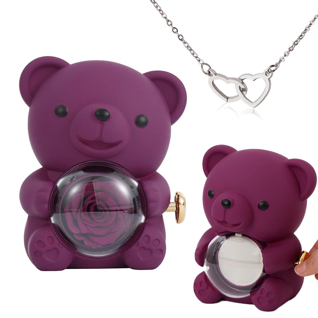 Eternal Rose Bear Gift Box with Engraved Heart Necklace