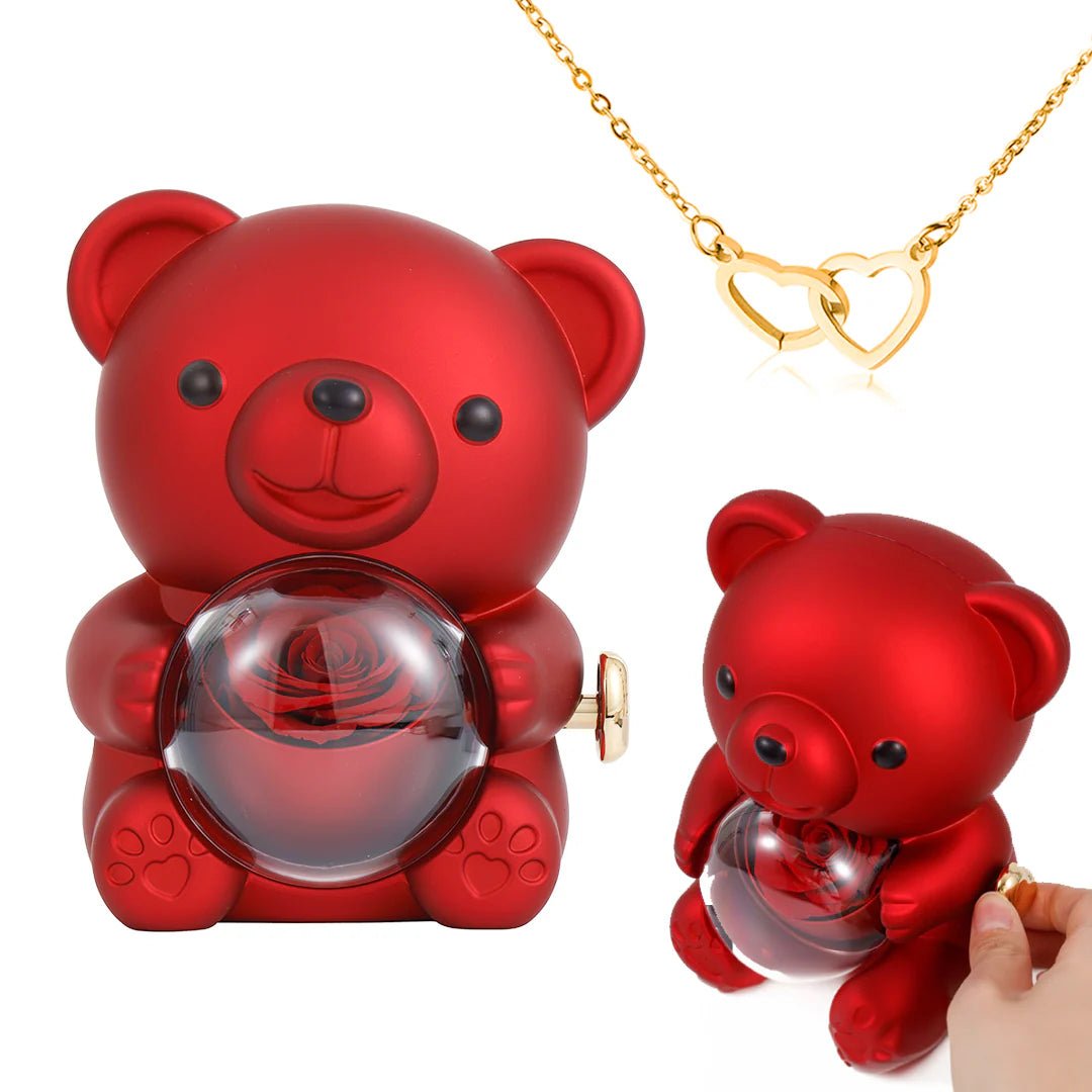 Eternal Rose Bear Gift Box with Engraved Heart Necklace