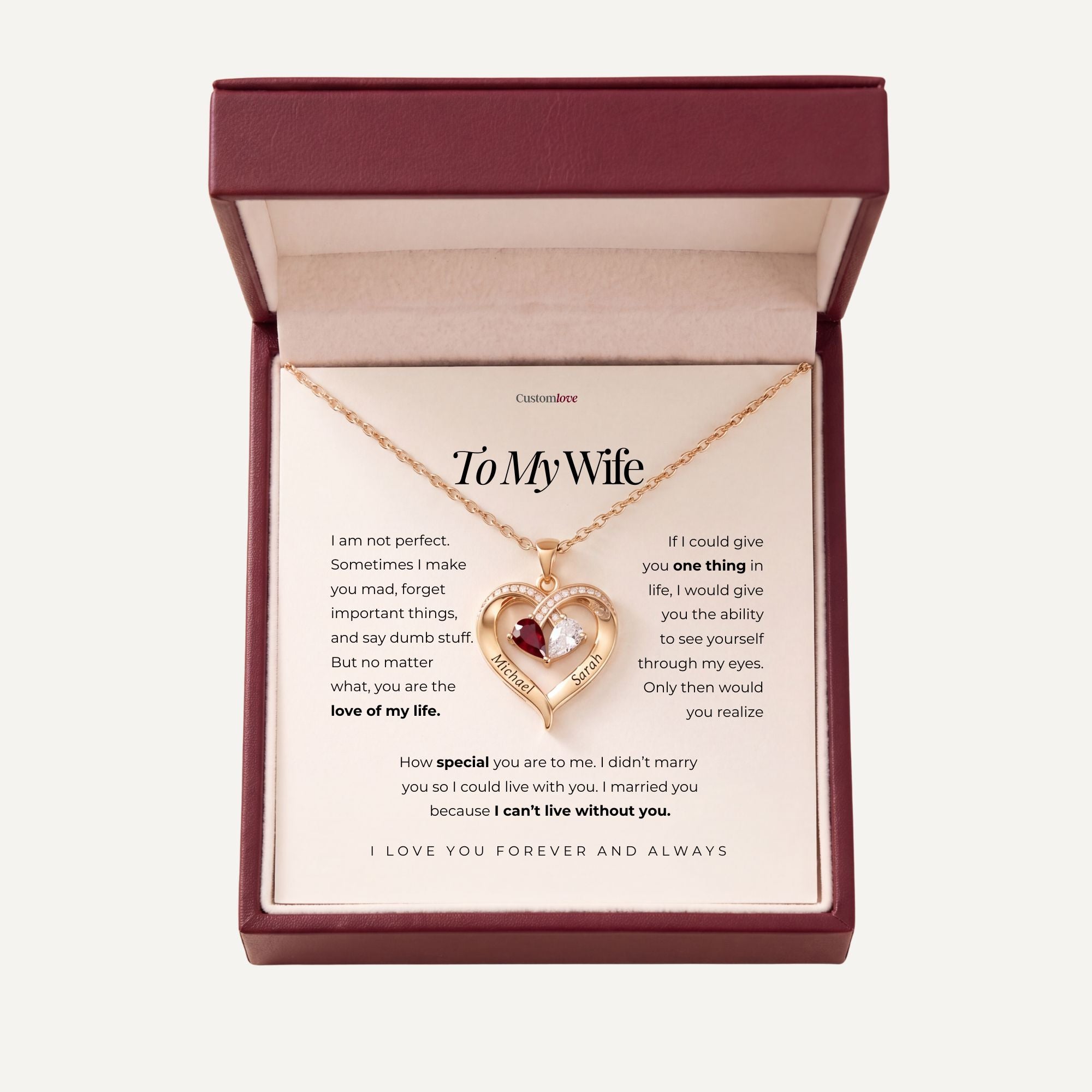 To My Wife - Engraved Heart Necklace With Birthstone