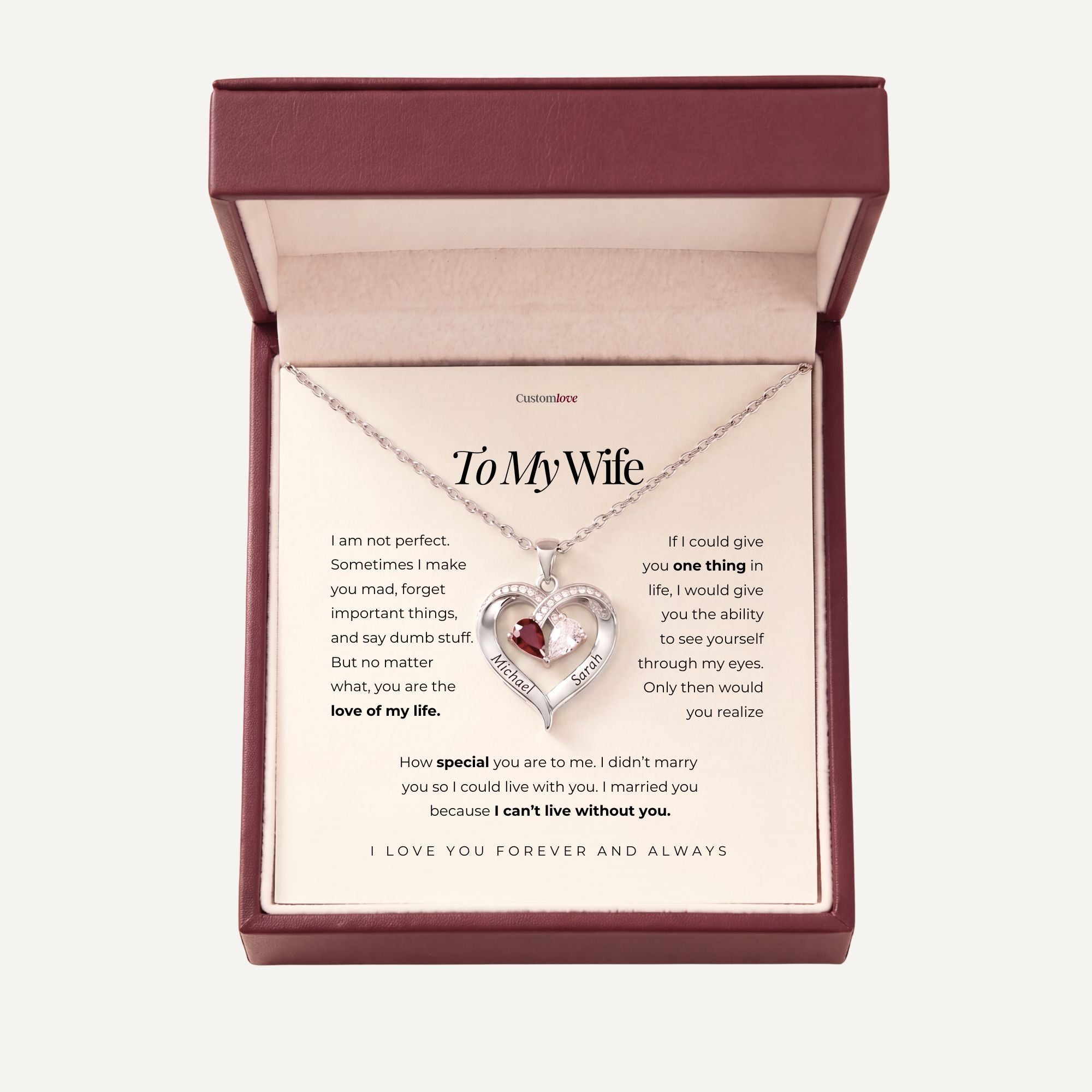 To My Wife - Engraved Heart Necklace With Birthstone