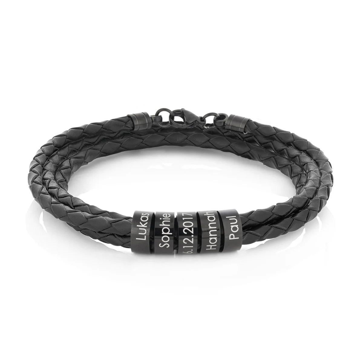 À Mon Père - Bracelet En Cuir Avec Anneaux Noirs Gravés