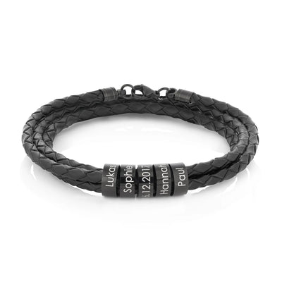 To My Dad - Leather Bracelet with Engraved Black Rings