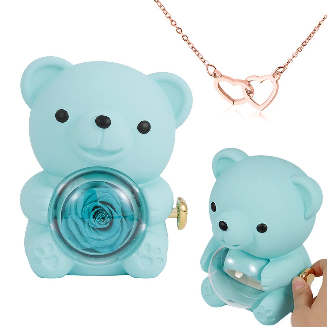 Eternal Rose Bear Gift Box with Engraved Heart Necklace