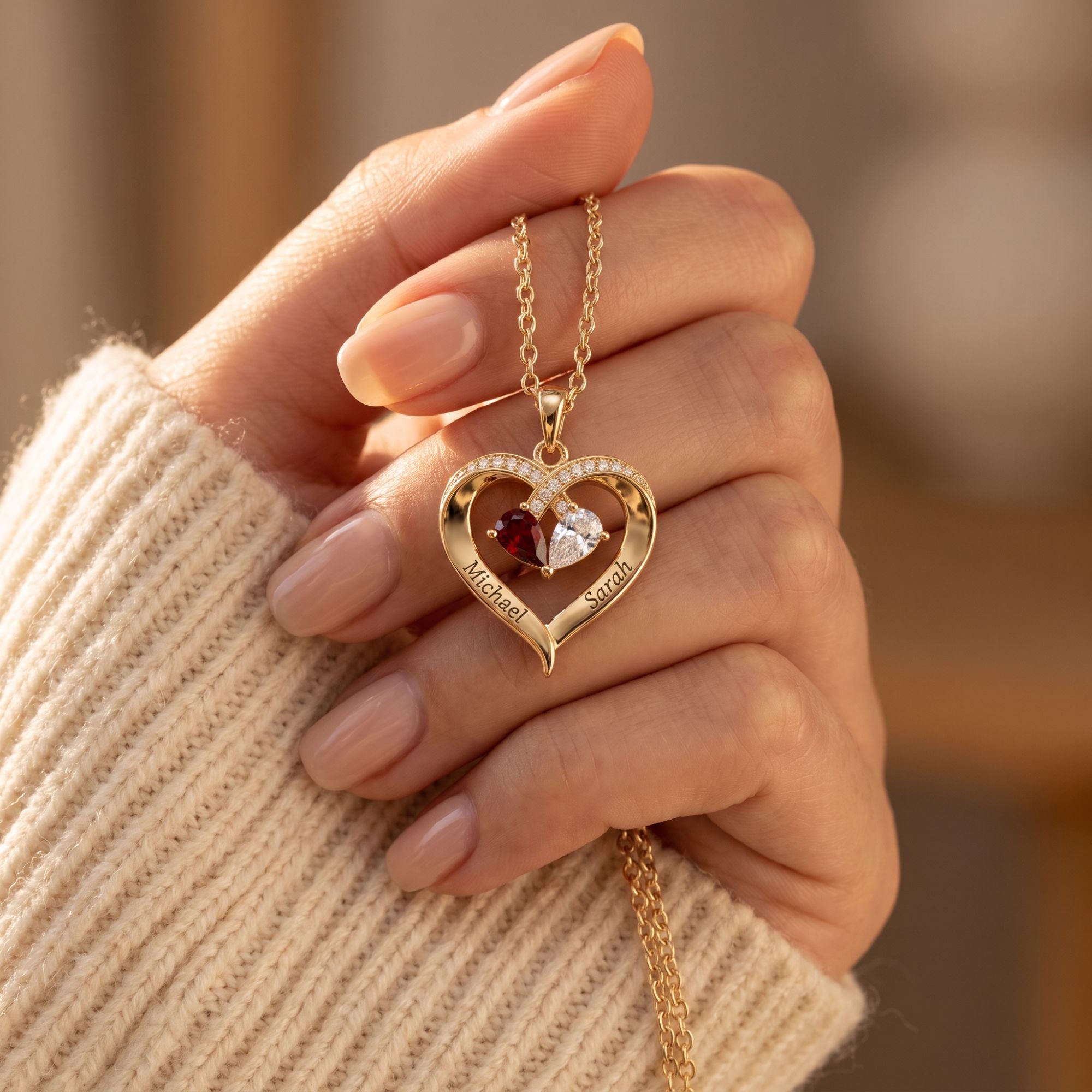 To My Wife - Engraved Heart Necklace With Birthstone