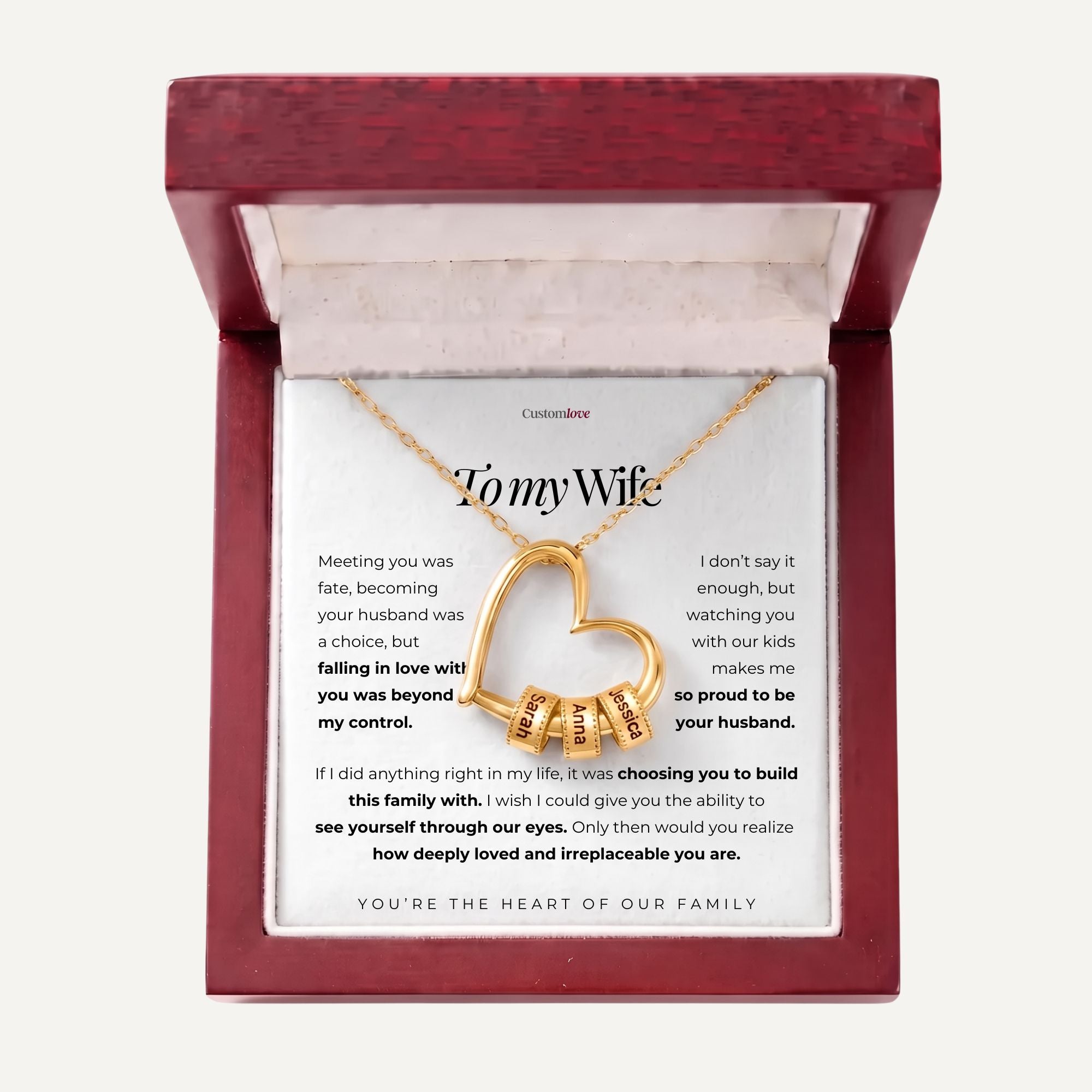 To My Wife - The Heart of Our Family - Heart Necklace with Personalized Beads