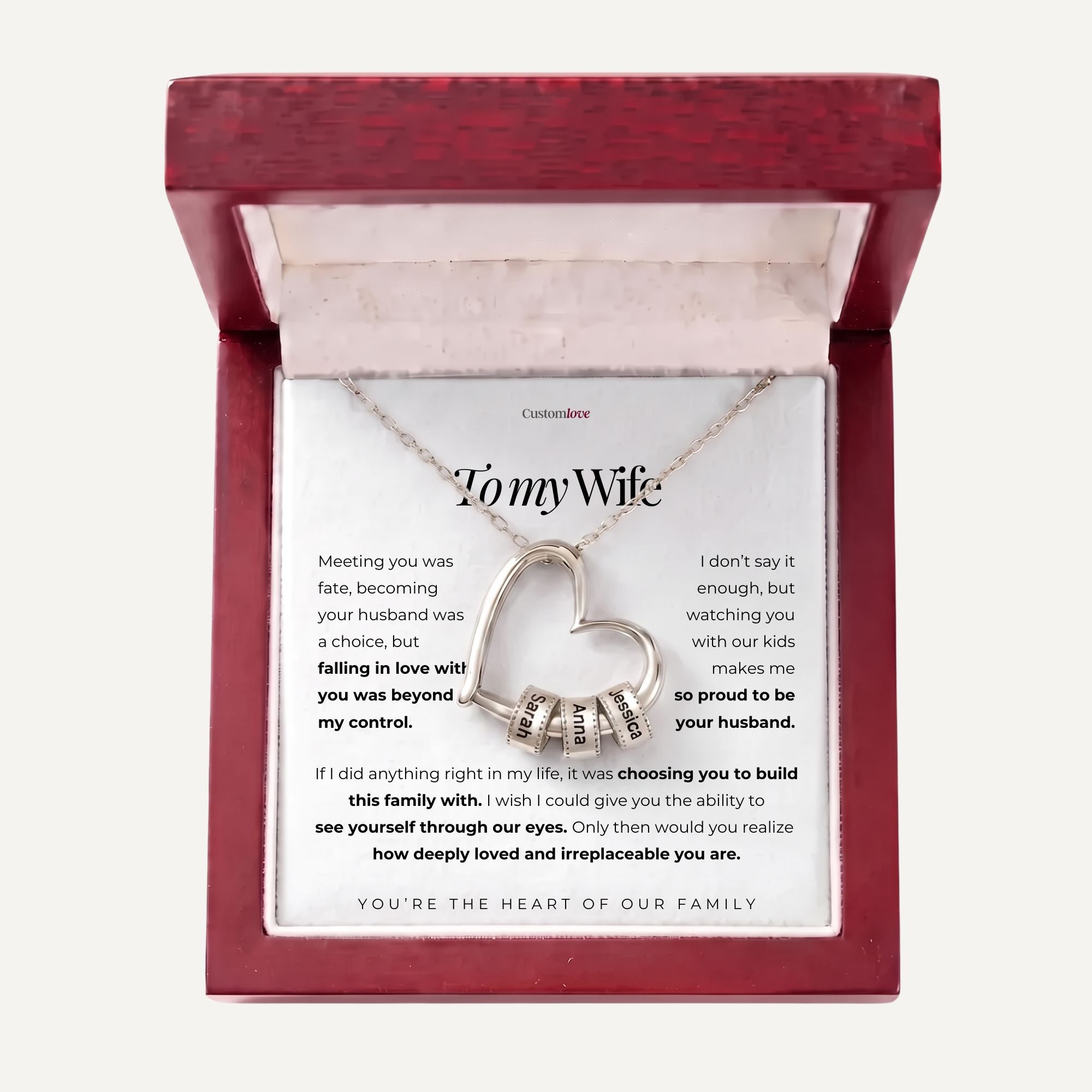 To My Wife - The Heart of Our Family - Heart Necklace with Personalized Beads
