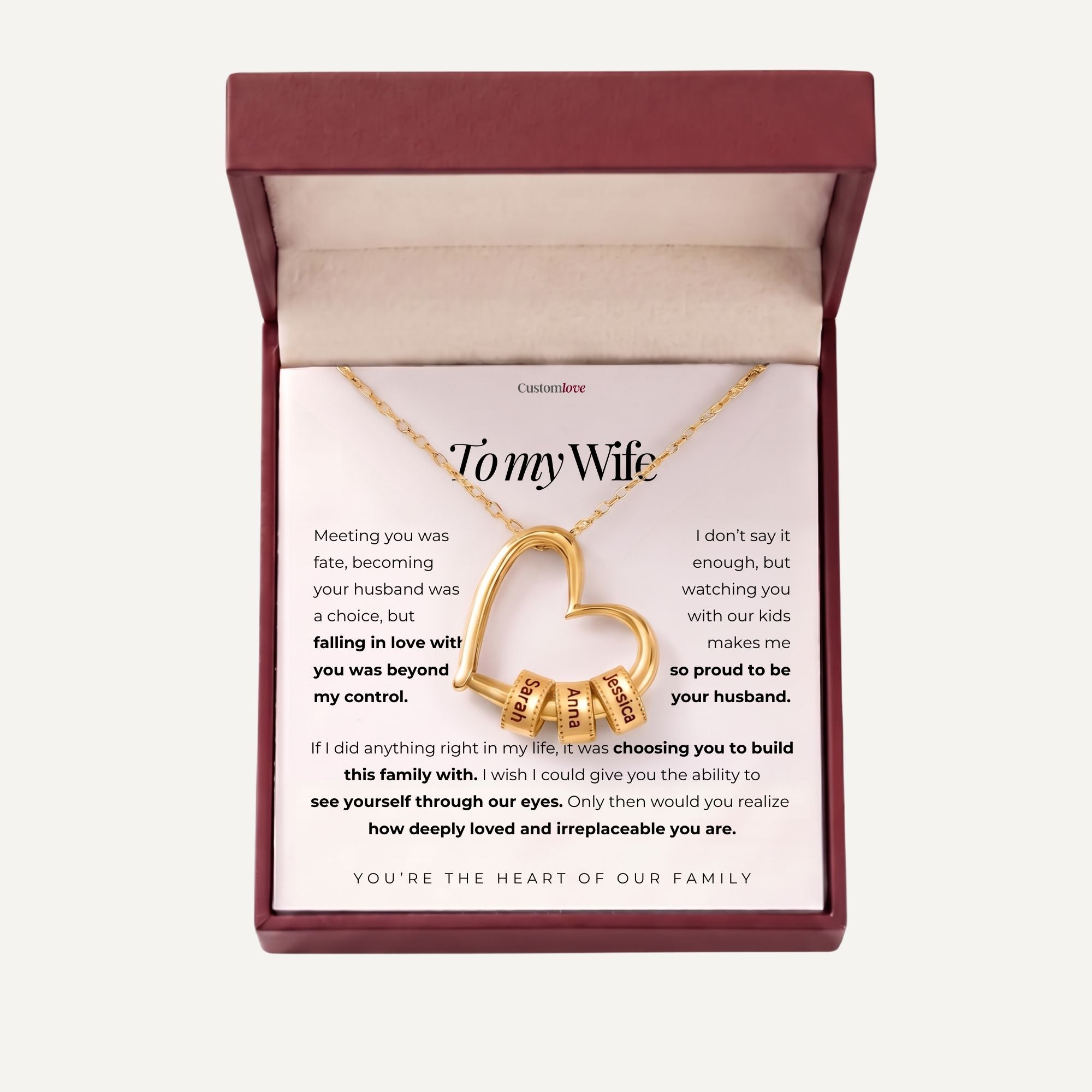 To My Wife - The Heart of Our Family - Heart Necklace with Personalized Beads