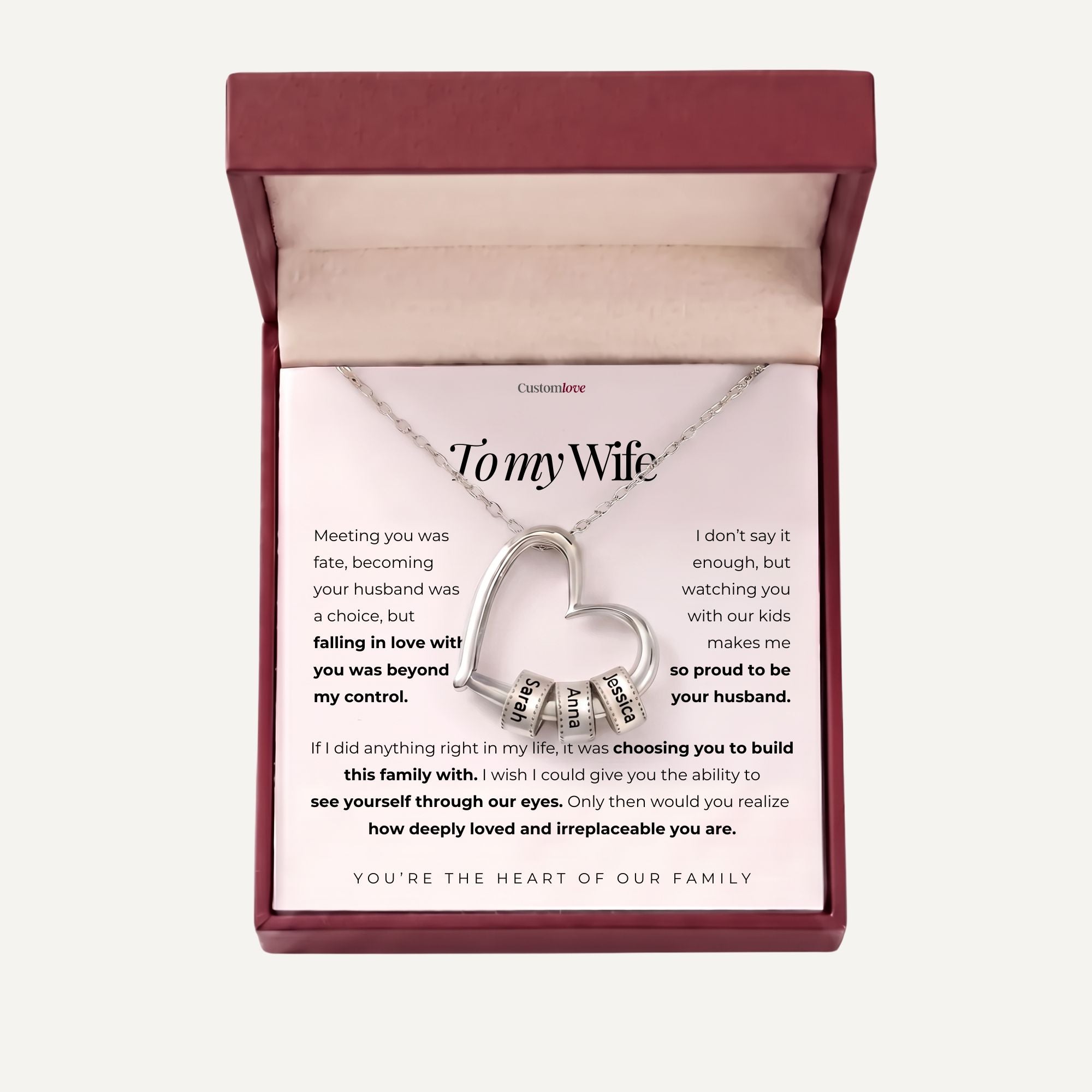 To My Wife - The Heart of Our Family - Heart Necklace with Personalized Beads