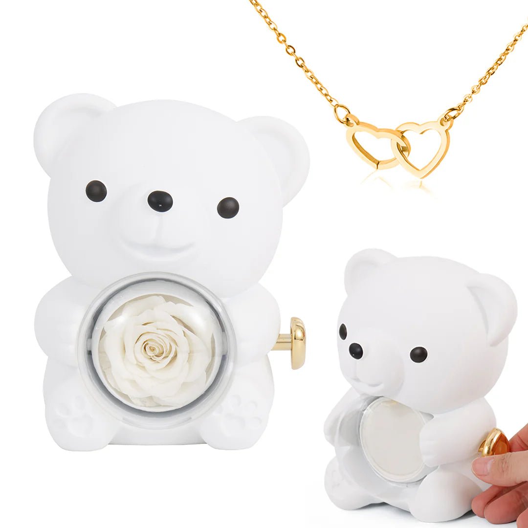 Eternal Rose Bear Gift Box with Engraved Heart Necklace