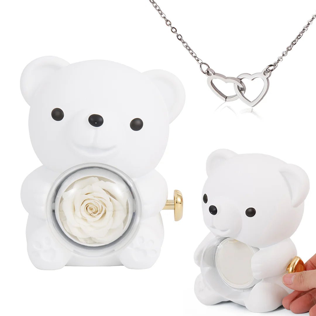 Eternal Rose Bear Gift Box with Engraved Heart Necklace